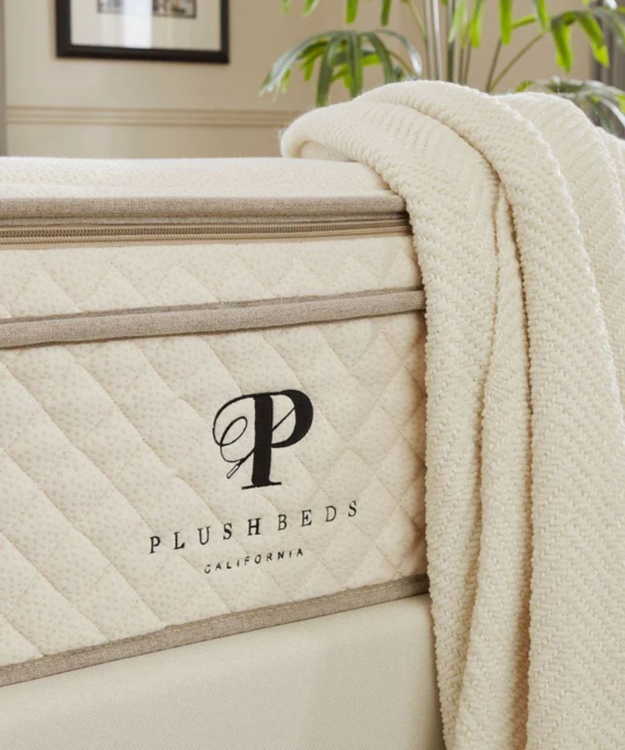 PlushBeds branded mattress with white throw