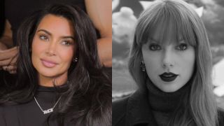 From left to right: a press image of Kim Kardashian in The Kardashians looking to her right and Taylor Swift looking straight into the camera in the Fortnight music video.