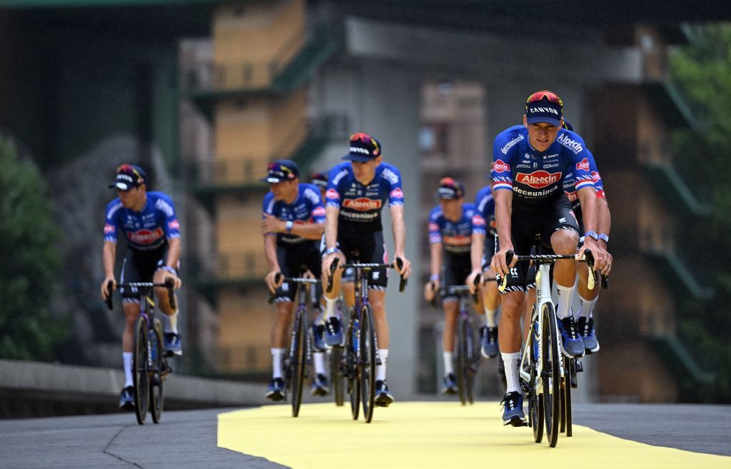 Dutch Mathieu van der Poel of AlpecinDeceuninck AlpecinDeceuninck riders pictured during the team presentation ahead of the 110th edition of the Tour de France cycling race in Bilbao Spain Thursday 29 June 2023 This years Tour de France takes place from 01 to 23 July 2023 and starts with three stages in Spain BELGA PHOTO JASPER JACOBS Photo by JASPER JACOBS BELGA MAG Belga via AFP Photo by JASPER JACOBSBELGA MAGAFP via Getty Images