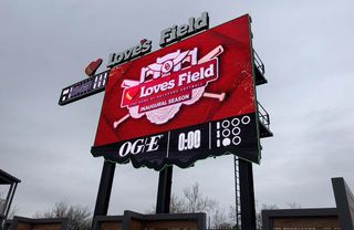 The Oklahoma-shaped Daktronics scoreboard at Love's Field.