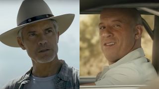 Timothy Olyphant wearing a cowboy hat in Justified: City Primeval/ Vin Diesel smiling in his car in Furious 7. (side by side image)