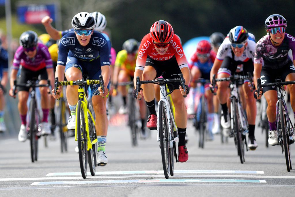 PLOUAY FRANCE AUGUST 30 Gladys Verhulst of France and Arkea Pro Cycling Team reacts to crosses the finishing line in second place during the 20th GP de Plouay Lorient Agglomration Trophe Ceratizit 2021 a 1504km one day race from Plouay to Plouay GrandPrixPlouay OuestFrance on August 30 2021 in Plouay France Photo by Luc ClaessenGetty Images