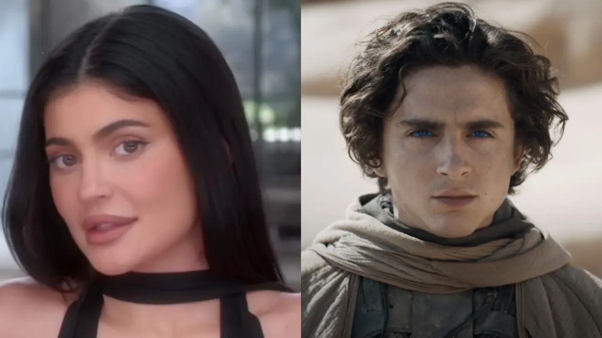 Kylie Jenner posing in The Kardashians and Timothèe Chalamet looking glum in the desert in Dune: Part Two, pictured side by side.