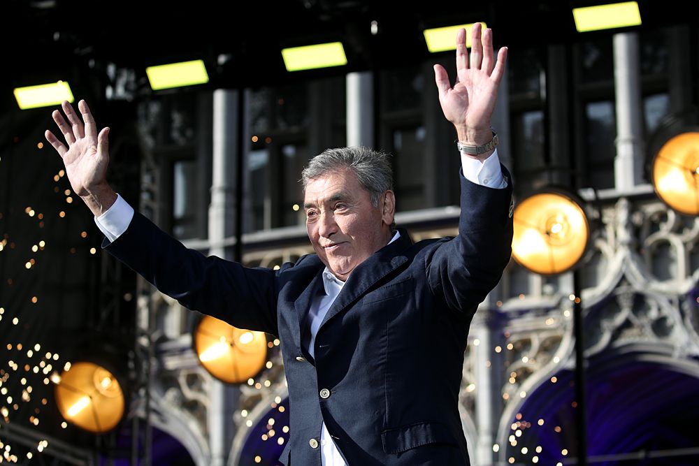 Eddy Merckx on stage at the Tour de France presentation in Brussels