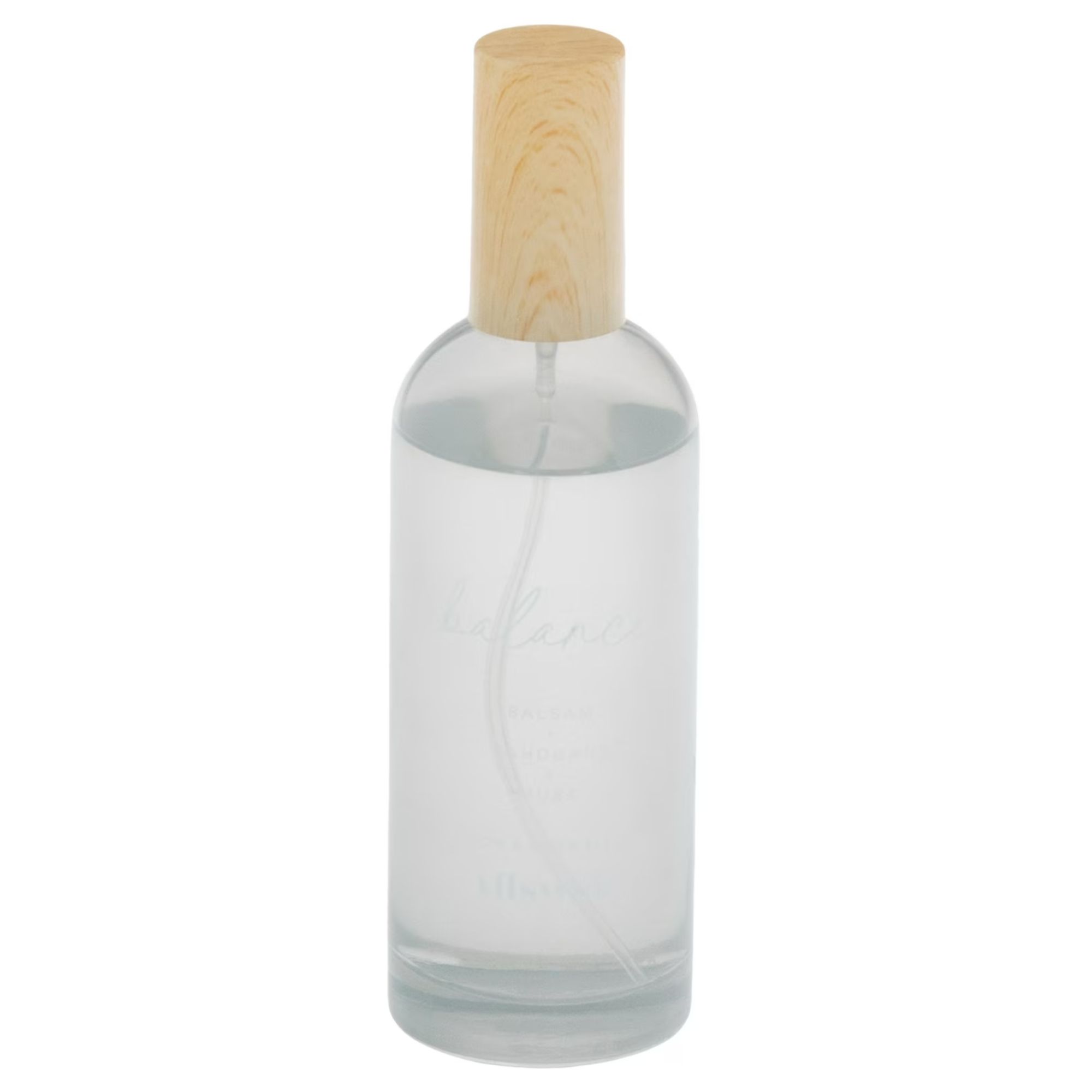 Musk room spray in a clear bottle with a wooden lid
