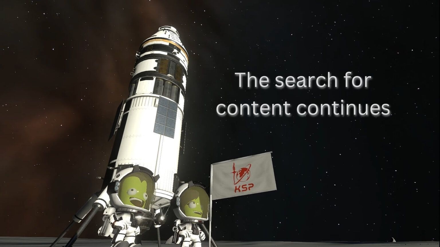 Kerbals standing by a rocket and super imposed text.