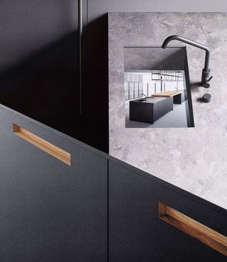 A collage of layered images with a detail shot showing the recessed handle in wood over a black cupboard door and a kitchen tap