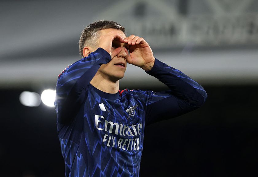 Leandro Trossard of Arsenal celebrates scoring his team&#039;s first goal during the Premier League match between Fulham and Arsenal at Craven Cottage on October 18, 2025 in London, England.