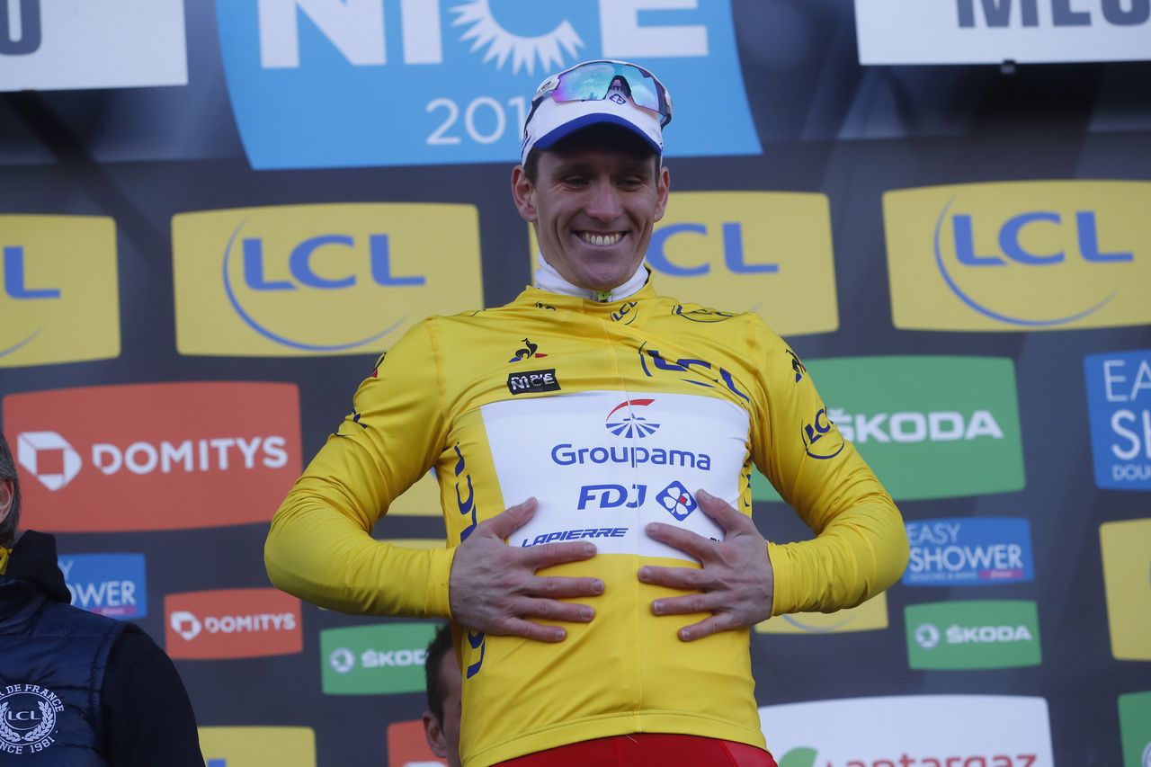 Arnaud D&eacute;mare (Groupama-FDJ) in yellow after a hard-fought win on the opening stage of Paris-Nice