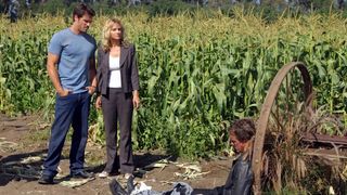 Joshua Morrow, Sharon Case and Linden Ashby as Nick, Sharon and Cameron in an cornfield in The Young and the Restless