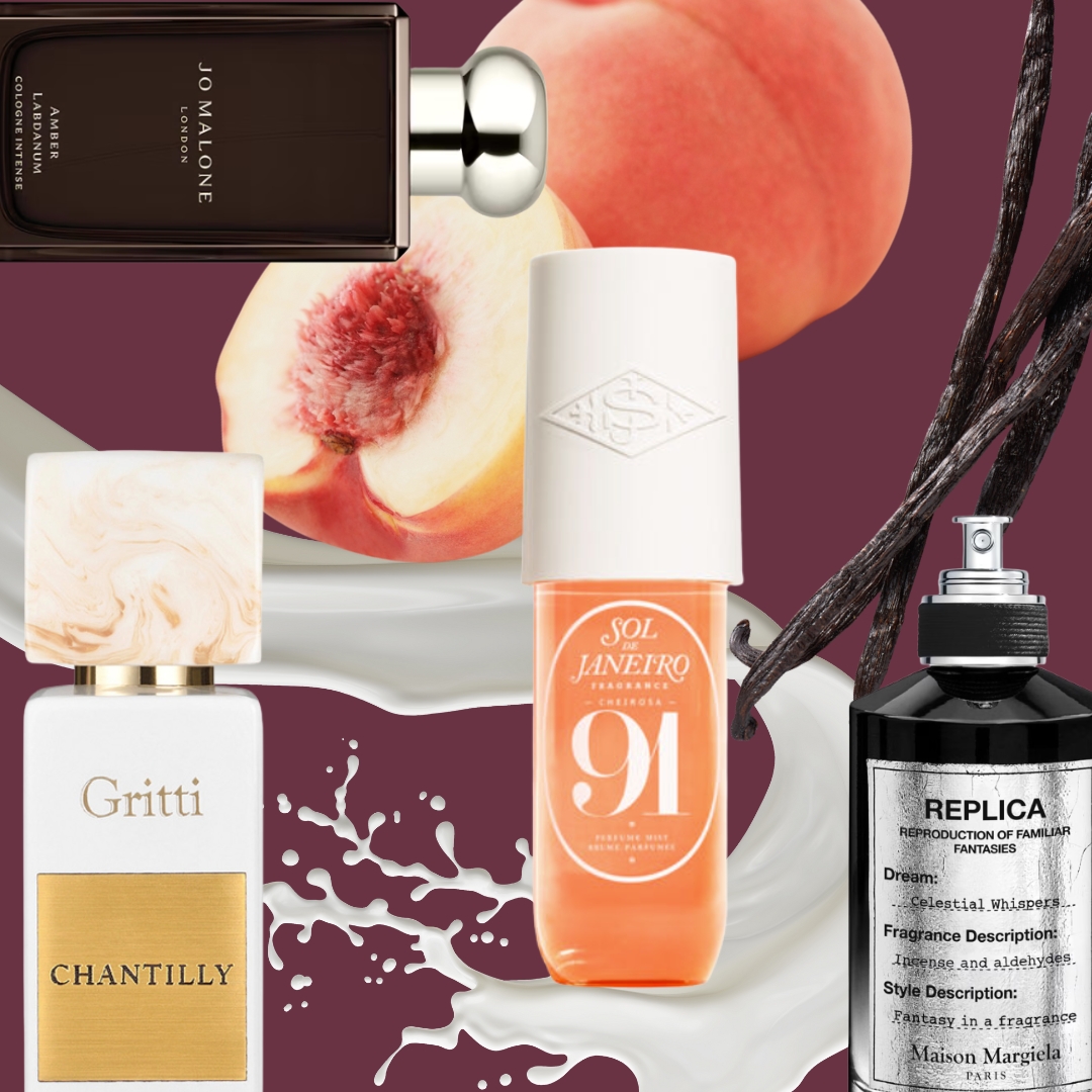 A collage of perfumes featured in this roundup from Jo Malone, Gritti, Sol de Janeiro and Maison Margiela, layered over stock images of milk, peaches and vanilla, to reflect the trendy notes within the scents/ on a burgundy background