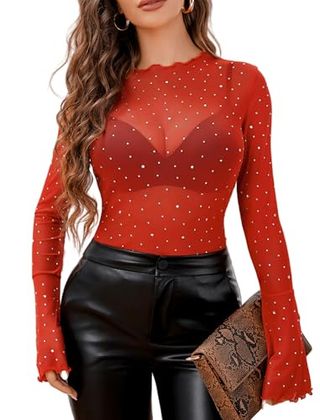 Avidlove Mesh Rhinestone Bell-Sleeve Top