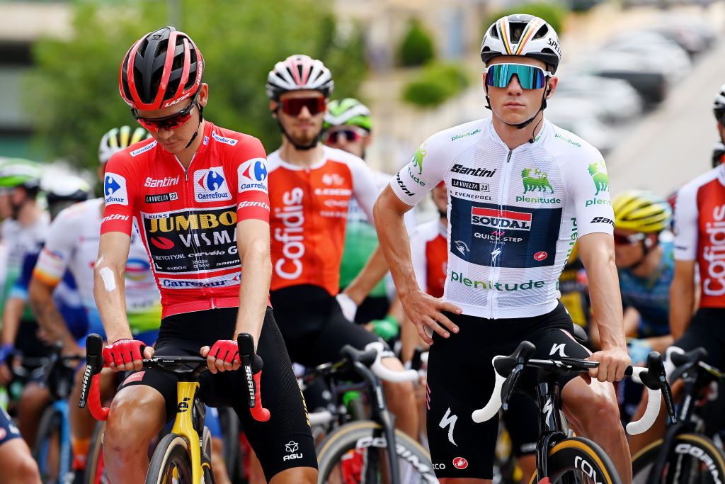 OLVEGA SPAIN SEPTEMBER 07 LR Sepp Kuss of The United States and Team JumboVisma Red Leader Jersey and Remco Evenepoel of Belgium and Team Soudal Quick Step White best young jersey prior to the 78th Tour of Spain 2023 Stage 12 a 1506km from lvega to Zaragoza UCIWT on September 07 2023 in lvega Spain Photo by Tim de WaeleGetty Images