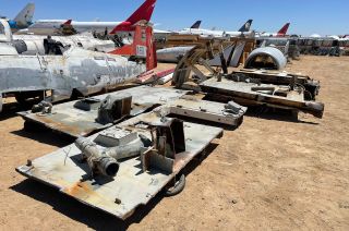 The remains of the two space shuttle tail service masts that were part of NASA's Mobile Launch Platform-2 at MotoArt's processing yard in southern California. The steel is being used to make collectible NASA MLP-2 PlaneTags.