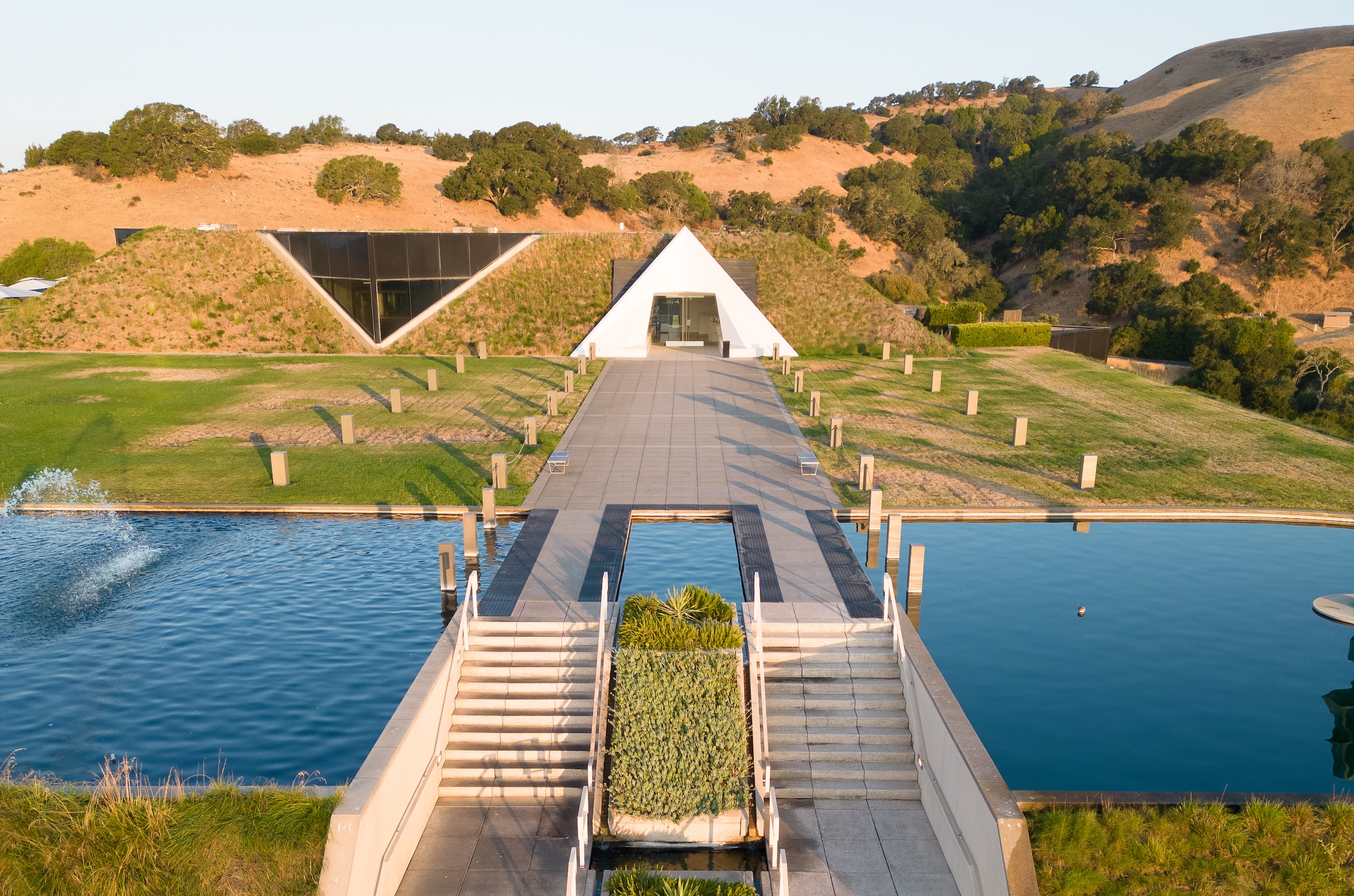 Exterior of Artesa winery in Carneros with the stairs and reflecting pool in the foreground
