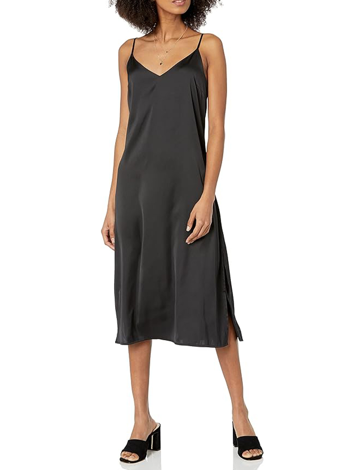 The Drop Women's Ana Silky V-Neck Midi Slip Dress Dress, -Black, L