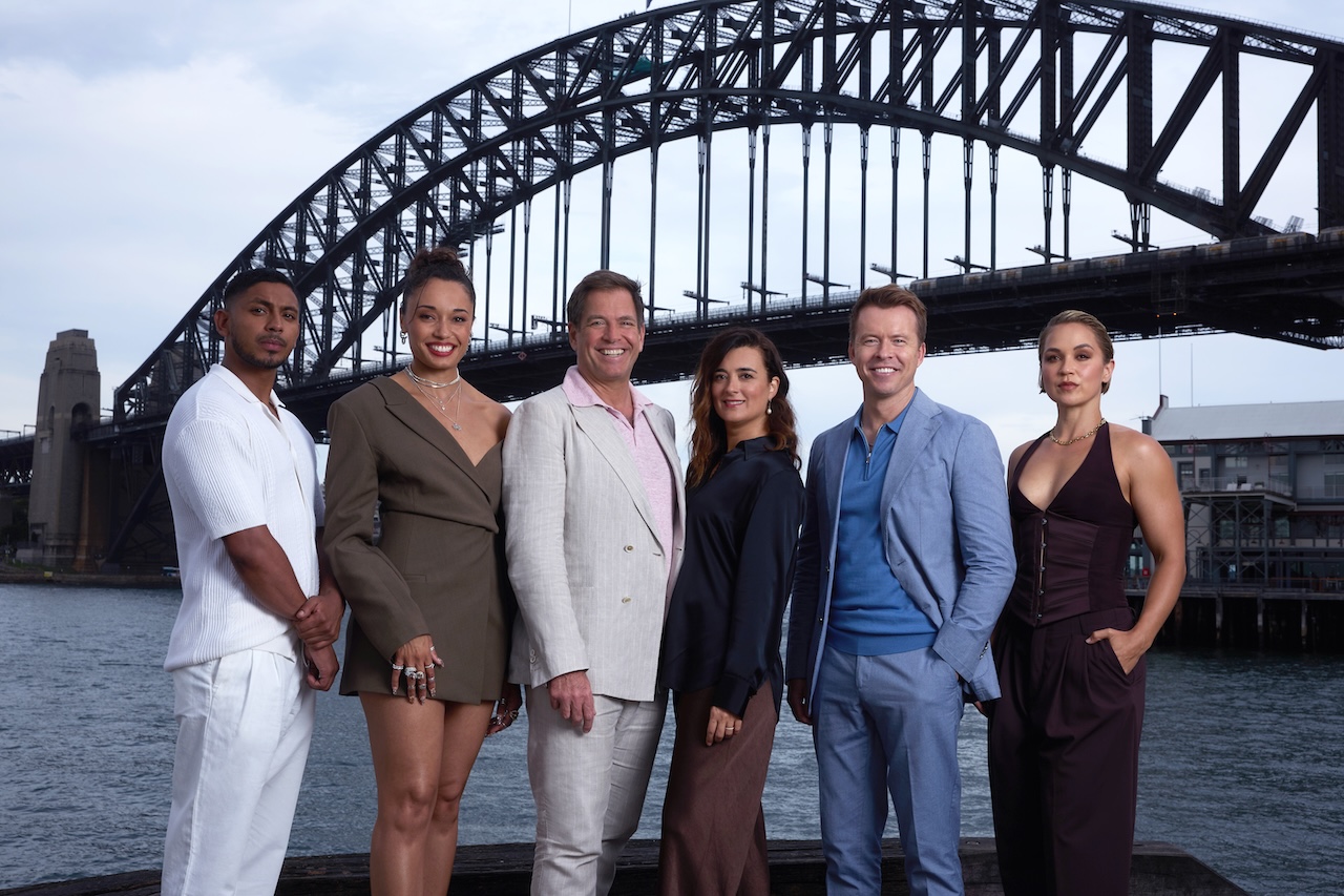 Sean Sagar, Olivia Swann, Michael Weatherly, Cote de Pablo, Todd Lasance and Tuuli Narkle posed with the Sydney Harbour Bridge as a backdrop