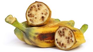 We see two bananas in peels and one cut in half, with its seeds exposed.