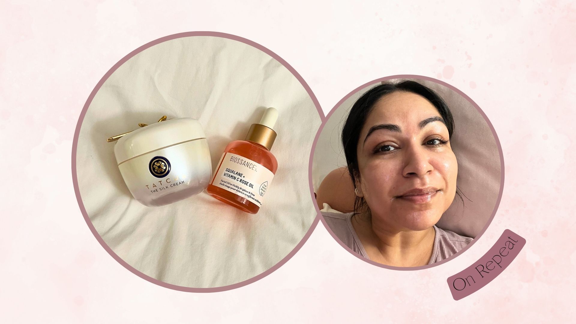 Aleesha Badkar wearing moisturiser with oil in it next to a picture of Tatcha the Silk Cream and Biossance Squalane and Vitamin C Rose Oil on a bed, with the label 'On Repeat' in the corner