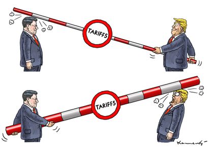 Political cartoon U.S. Trump Xi Jinping China trade war tariffs