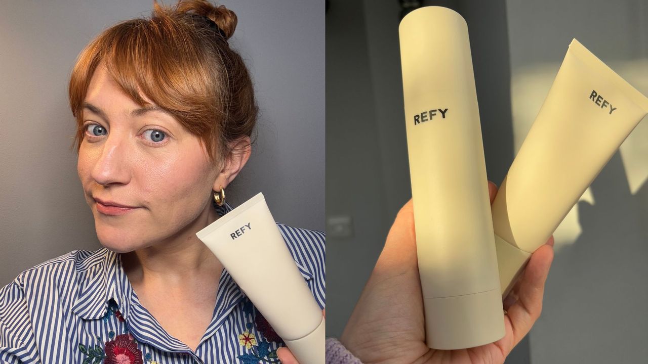 A composite shot of matilda and the REFY skincare products