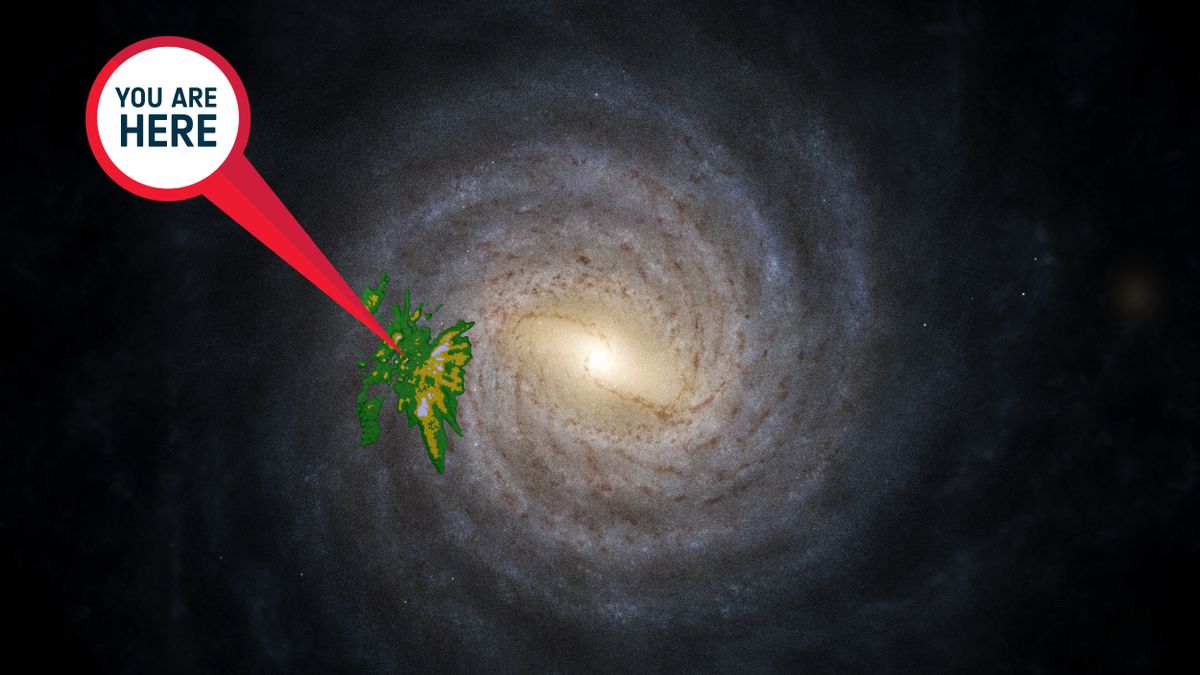 A visualization of our galaxy, the Milky Way, showing in green the volume of stars observed by Europe's Gaia mission.