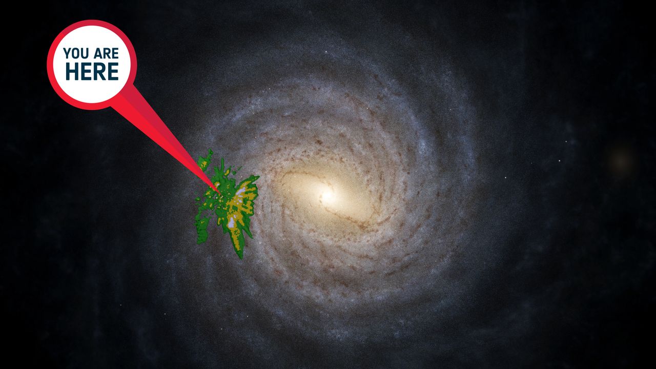 A visualization of our galaxy, the Milky Way, showing in green the volume of stars observed by Europe's Gaia mission.