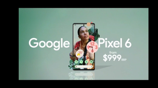 A screenshot from an Australian advert for the Google Pixel 6, broadcast before the phone's official launch. It shows the phone on a green background along with its name and a price of 999 Australian dollars.