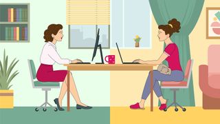 Hybrid work concept image showing woman on left sitting at a desk in an office environment with a woman on opposite side in her home office.