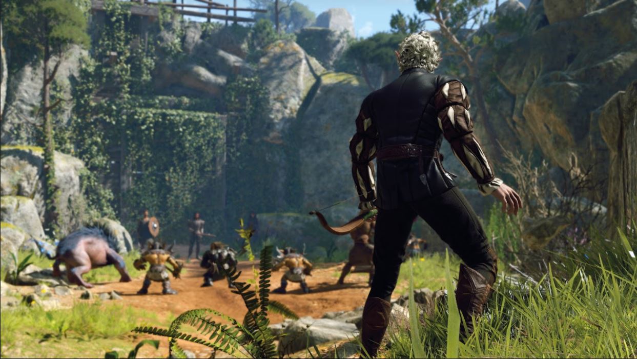 The player holds their bow and faces a group of enemies