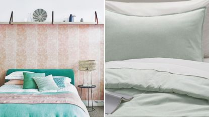 Split header of a pink bedroom with a green double bed with green bedding and pink wallpaper behind, with a shelf above, and striped sage green IKEA bedding