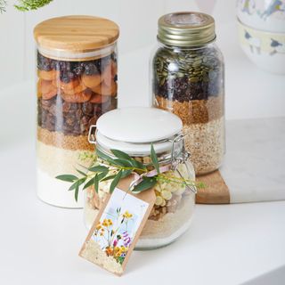 glass jar with clip top jar and ribbon
