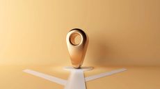 3D gold location symbol standing on basic representation of a map on a gold background