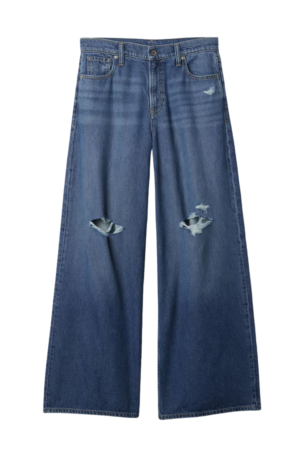 Blue Distressed Knee Mid Rise Ultrasoft Baggy Jeans