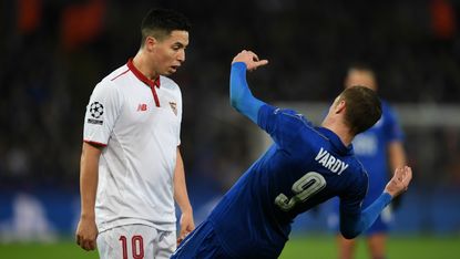 Leicester City's Jamie Vardy and Samir Nasri of Sevilla