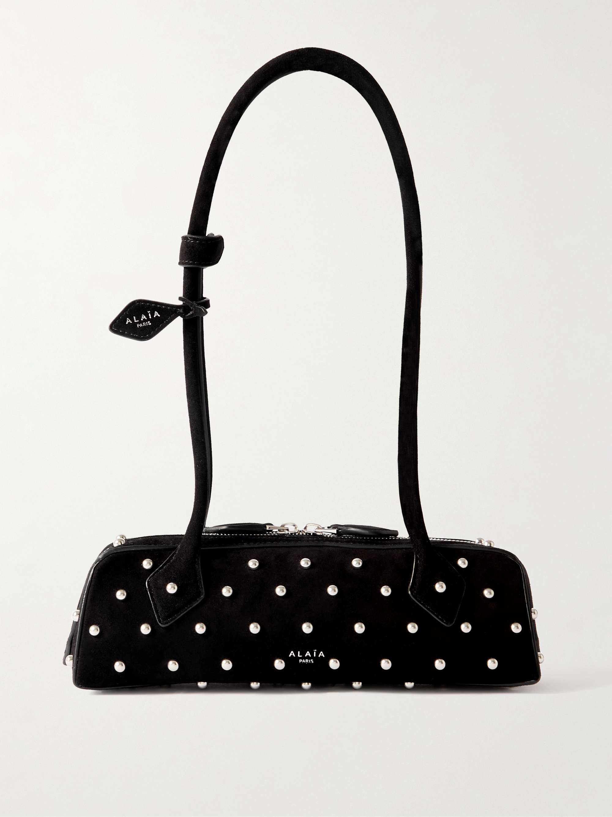 Le Teckel Small Leather-Trimmed Studded Suede Shoulder Bag