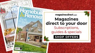 Two front covers of Homebuilding & Renovating magazine on a red background advertising a subscription offer