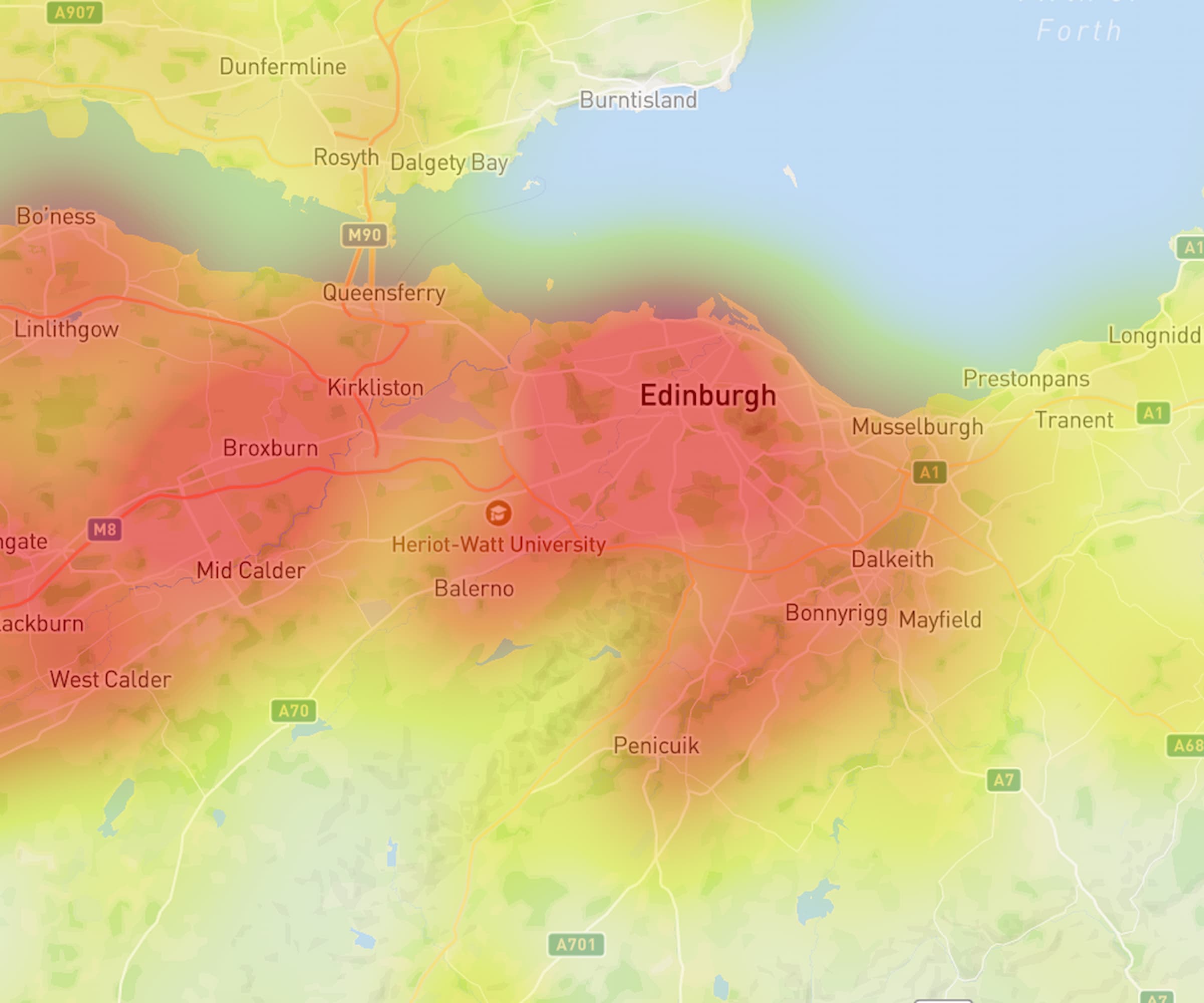 A heatmap showing the levels of Japanese Knotweed in Edinburgh