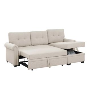 A white three seater couch with a lifted seat with storage