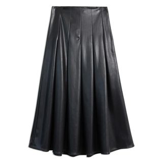 A cutout of a pleated faux leather mid skirt on a white background