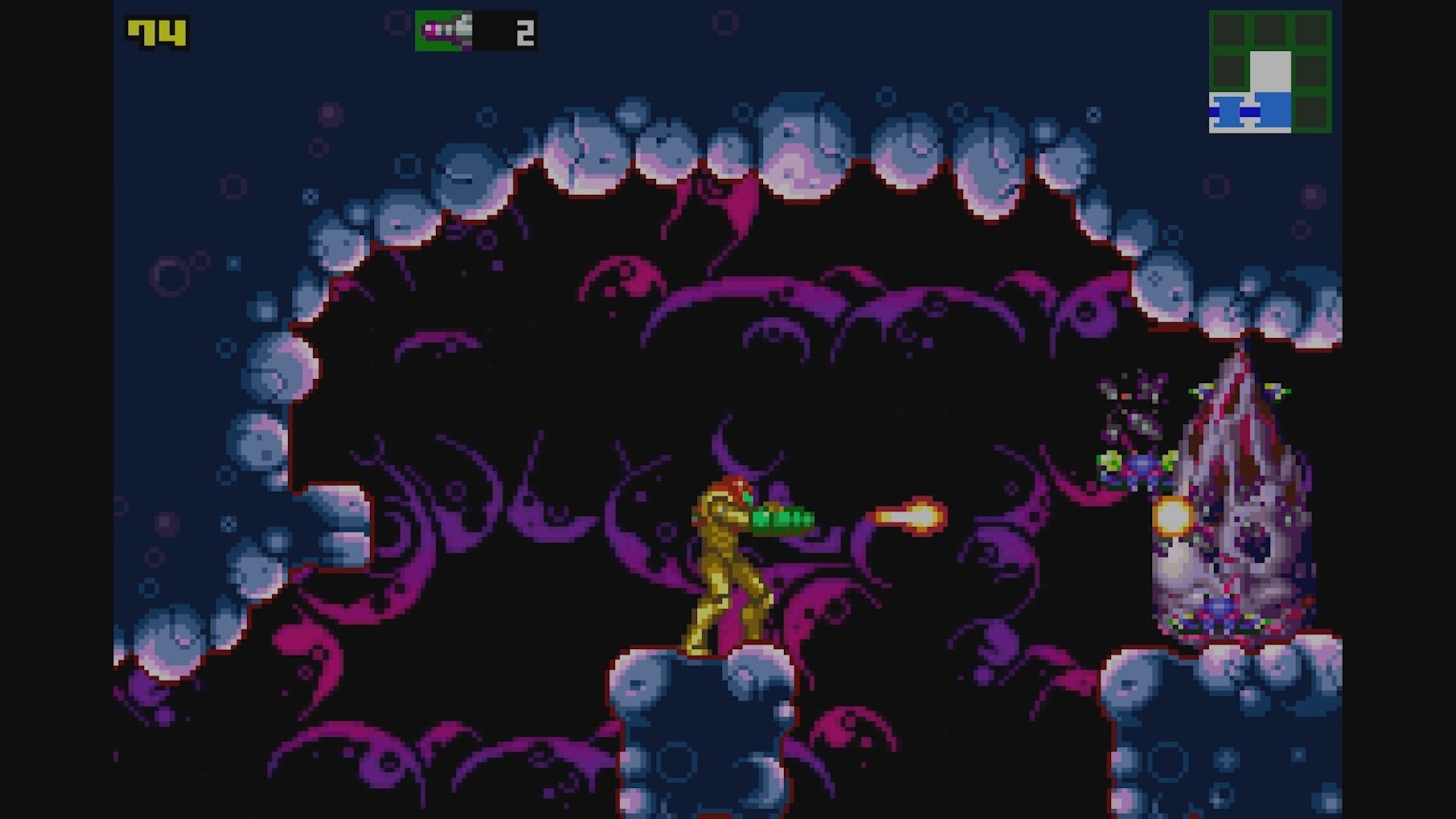 Samus standing in a cave firing at an enemy