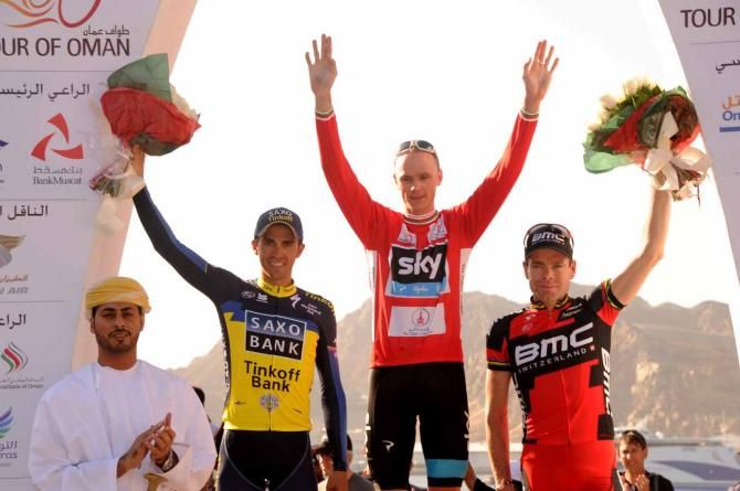 Chris Froome (Sky) flanked by Alberto Contador (Saxo-Tinkoff) and Cadel Evans (BMC).