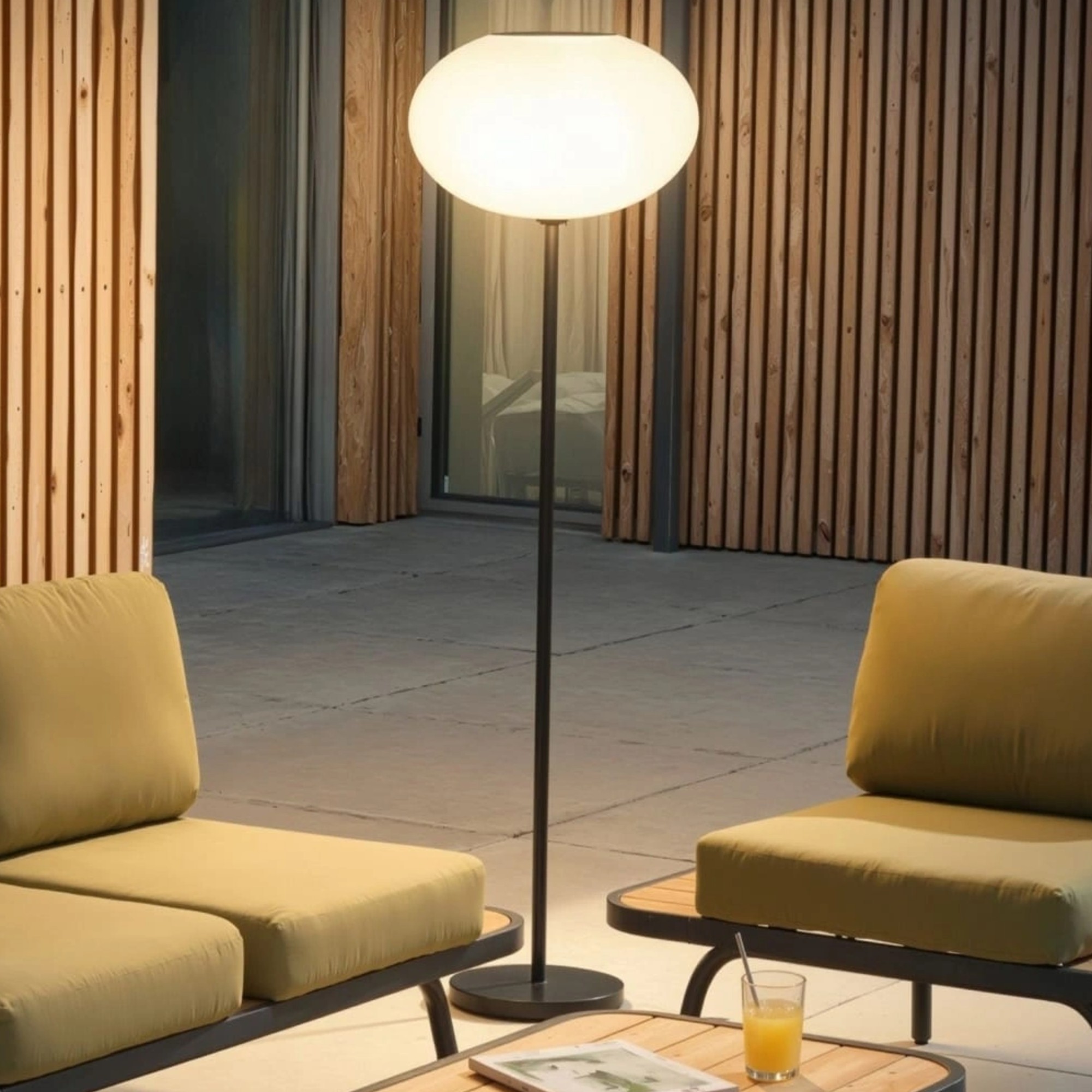 Wyld and Coco Outdoor Solar Floor Lamp - White Oval Shade Iron Base LED