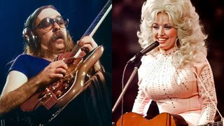LEFT: Jeff 'Skunk' Baxter of The Doobie Brothers performing on stage at Nippon Budokan, Tokyo, Japan, February 1979. He is playing a Burns guitar. RIGHT: Dolly Parton, performs with a guitar, 1976. 