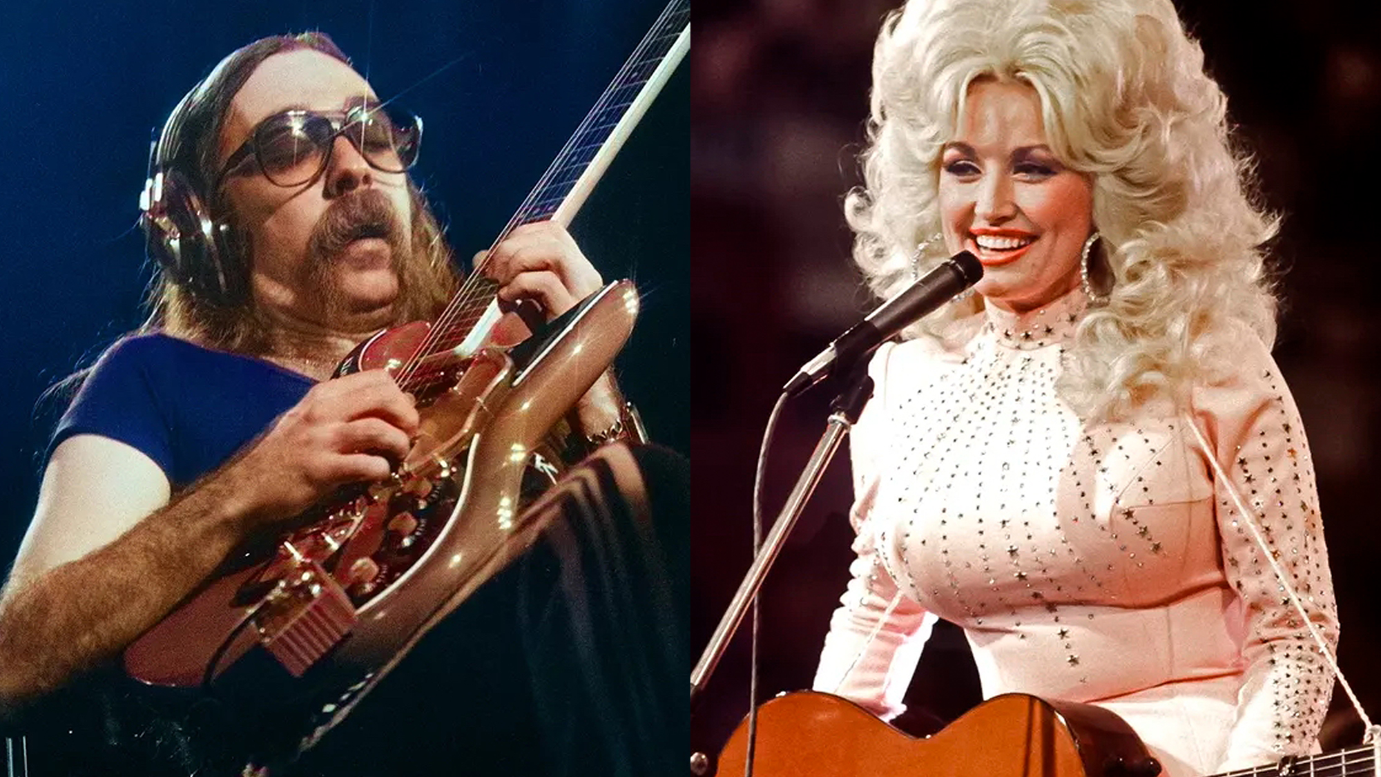 LEFT: Jeff 'Skunk' Baxter of The Doobie Brothers performing on stage at Nippon Budokan, Tokyo, Japan, February 1979. He is playing a Burns guitar. RIGHT: Dolly Parton, performs with a guitar, 1976. 