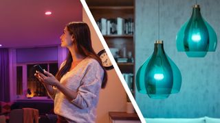 Split image showing woman controlling smart lights with her phone and pendant lights illuminated blue