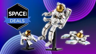 Lego Creator 3-in-1 Space Astronaut set in all its three forms on a purple background