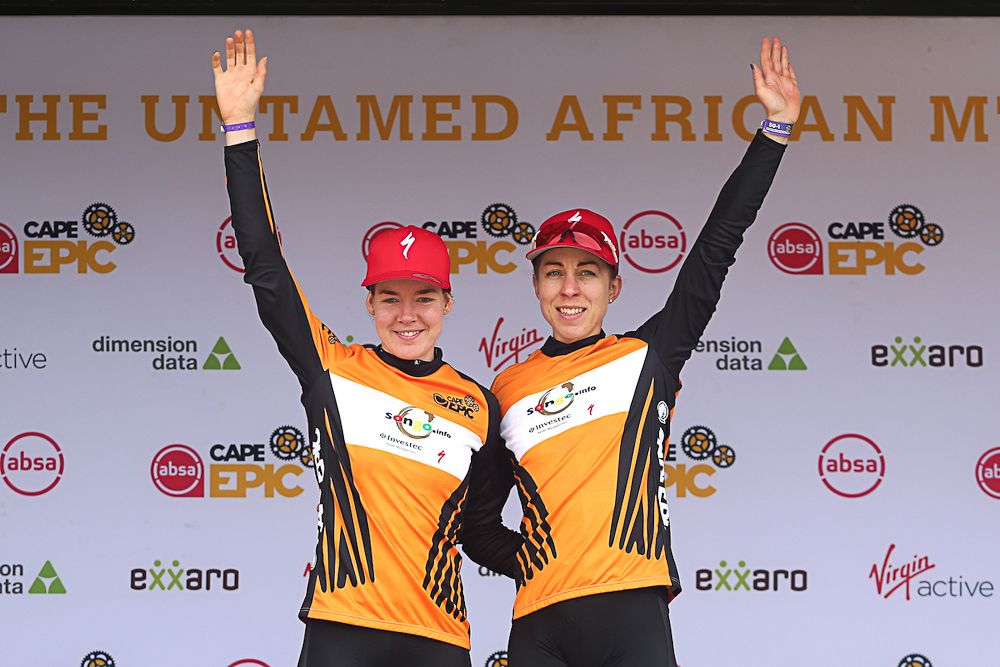 Women Overall Race Leaders Anna van der Breggen &amp; Annika Langvad of Investec-Songo-Specialized during stage 5 of the 2019 Absa Cape Epic