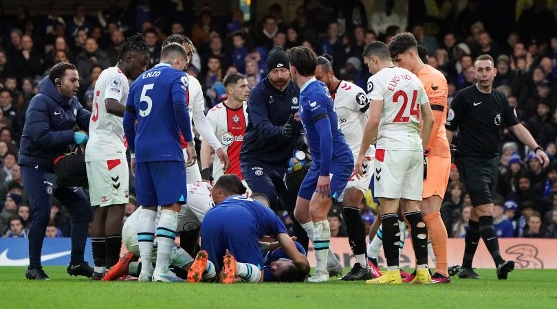 Chelsea&#039;s Cesar Azpilicueta receives medical attention after taking a blow to the head in the Blues&#039; Premier League game against Southampton in February 2023.