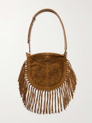 Oskan Fringed Leather-Trimmed Perforated Suede Shoulder Bag